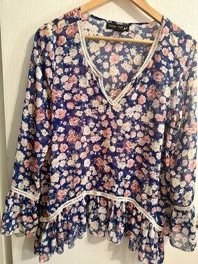 living doll Navy Floral V-Neck Ruffle Tunic with Lace Trim